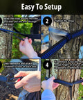 Step-by-step setup of Durable Nylon Camping Hammock For Outdoors, Ultra Portable Tree Hammock, showing strap wrapping and carabiner attachment.