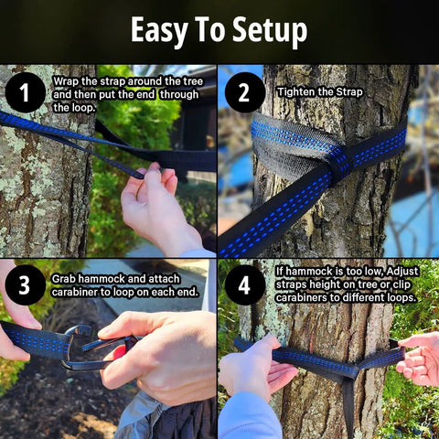 Step-by-step setup of Durable Nylon Camping Hammock For Outdoors, Ultra Portable Tree Hammock, showing strap wrapping and carabiner attachment.