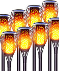 8 solar torch lights with flickering flame for outdoor yards and pathways, waterproof IP65 tiki torches, easy ground stakes.