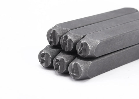 Close-up of 36 Piece Letter And Number Stamp Set With 6mm Height In A Wooden Case Beefy 40Cr Alloy Steel Metal Punches showing A, B, C, and 8.