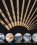 One Half Inch Cobalt Drill Bit Set 5 Pc M35 High Speed Steel Jobber Length Built Tough For Hardened Metals Stainless Steel Cast Iron Wood And Plastic With Index Storage Case showing multiple sizes ideal for different materials.
