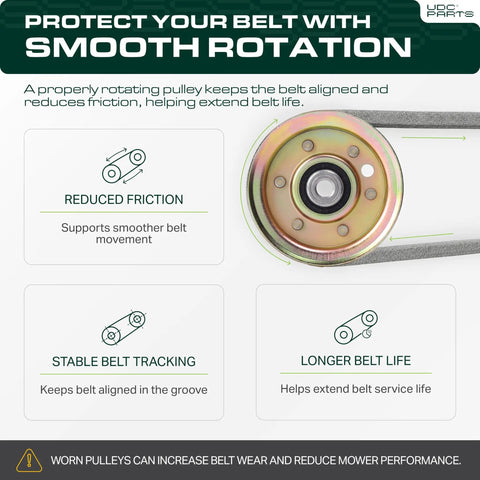 Heavy Duty Idler Pulley Replacement Built Rock Solid For Slick Bearing Spin And Grind Ready Performance Straight Drop In Fix Compatible With Craftsman Lawn Riders And Yard Tractors Oem Part 173437, showcasing a pulley with belt.