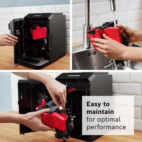 Fully Automatic Espresso Machine With Milk Frother System And Touch Control Panel Plus Cup Warmer For One Touch Latte and Cappuccino Maker In Sleek Dark Silver being cleaned at a sink.