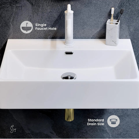 24 Inch Rectangle Wall Mount Bathroom Sink Sleek Space Saving Ceramic Vanity Basin With Durable Non Porous Scratch Resistant Finish