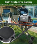 Portable Indoor Grill Table Stand For Ninja Woodfire OG701 OG850 OG951 Series 51 Inch Wide Folding Tailgating Table With 2 Wheels Compatible With Blackstone Griddle And Onni Pizza Oven Easy Setup And Rolling Mobility in use during backyard barbecue with grill and food.