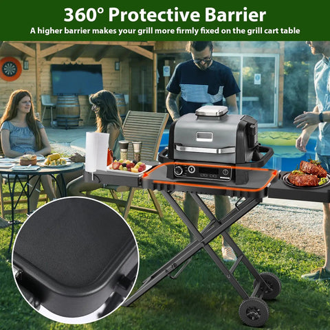 Portable Indoor Grill Table Stand For Ninja Woodfire OG701 OG850 OG951 Series 51 Inch Wide Folding Tailgating Table With 2 Wheels Compatible With Blackstone Griddle And Onni Pizza Oven Easy Setup And Rolling Mobility in use during backyard barbecue with grill and food.