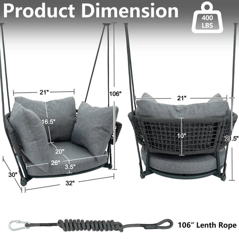 Front and side view of Single Seater Porch Swing Chair With 106 Inch Adjustable Rope For Height Boho Macrame Hanging Hammock Chair.