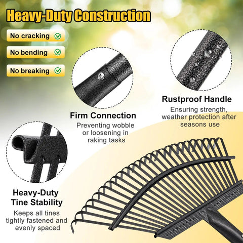 Beast Heavy Duty Metal Garden Leaf Rake 18 Inch Wide Head With 65 Inch Adjustable Handle features rustproof handle and firm connection