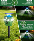 360 Degree Solar Animal Deterrent For Yard And Garden With No Blind Spots, Three Motion Sensors, Waterproof Ultrasonic And Flashing Light Outdoor Device To Keep Deer, Raccoons, And Cats Away. Green solar stake in lawn