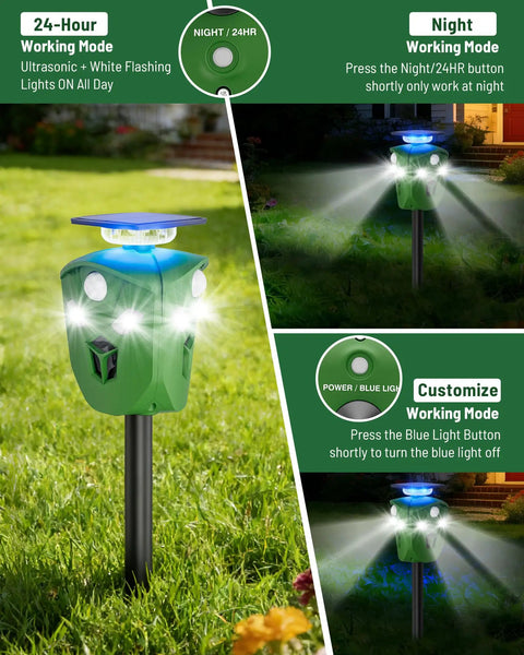360 Degree Solar Animal Deterrent For Yard And Garden With No Blind Spots, Three Motion Sensors, Waterproof Ultrasonic And Flashing Light Outdoor Device To Keep Deer, Raccoons, And Cats Away. Green solar stake in lawn