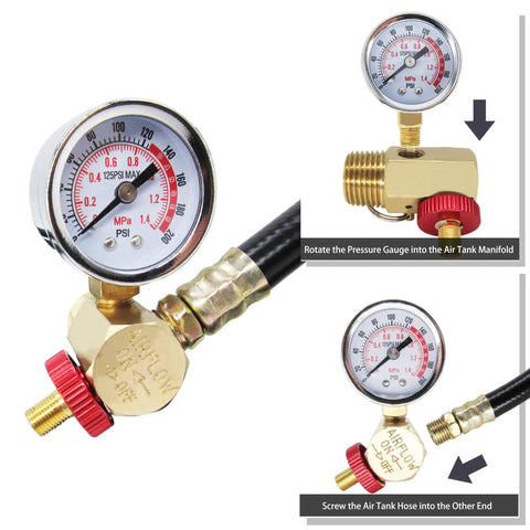 Heavy-Duty Air Tank Valve Kit Featuring Rock-Solid Aluminum Gauge And Durable Brass Manifold with 4-foot PVC hose assembly.