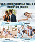 Collage of lifestyle images showing dating, sleeping, relaxing, and working for a product promoting intimacy, politeness, health, and peace of mind.