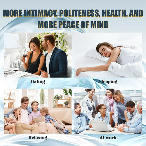 Collage of lifestyle images showing dating, sleeping, relaxing, and working for a product promoting intimacy, politeness, health, and peace of mind.