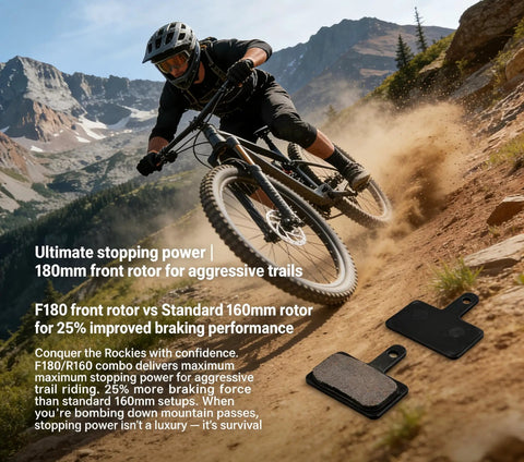 Mountain biker riding downhill with disc brake pads, showcasing Front And Rear Disc Brake Caliper Kit With Resin Semi Metallic Pads For F160 R140 F180 R160 Systems Compatible With Shimano MT200 Tektro And Most Mountain And Electric Bikes And Scooters Beefed Up Braking Performance.