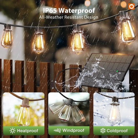 198 Feet Of Solar String Lights Outdoor Waterproof With Remote Dimmable And Timer Shatterproof Hanging Lights showing LED bulbs in rain