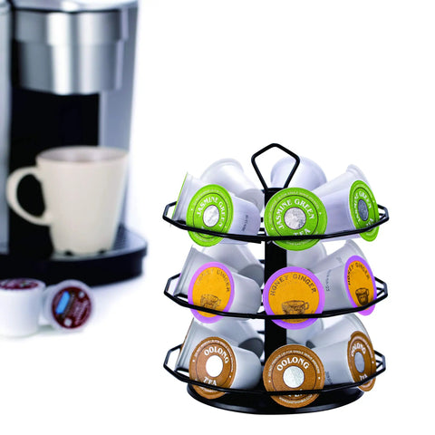 K Cup Holder Carousel 3 Tier For Keurig Pods Storage Stand Metal Small Footprint 7.4 Inch Wide With 360 Degree Rotation And 21 Pod Capacity