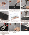 Step-by-step guide for using 200 Pcs Copper Rivets And Burrs Washers Leather Fastener Kit on leather material for DIY projects.