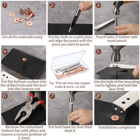 Step-by-step guide for using 200 Pcs Copper Rivets And Burrs Washers Leather Fastener Kit on leather material for DIY projects.