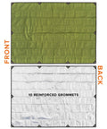 Front and back view of Tough As Nails Heavy Duty Survival Blanket With Reflective Thermal Layer For Camping And Outdoor Gear Waterproof Tarp