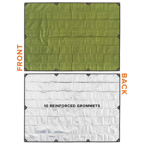 Front and back view of Tough As Nails Heavy Duty Survival Blanket With Reflective Thermal Layer For Camping And Outdoor Gear Waterproof Tarp
