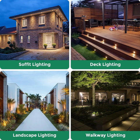 Outdoor recessed LED landscape lights 12-24V low voltage dimmable heavy duty soffit and deck flush mount IP67 waterproof lighting