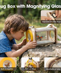 Child using Wooden Bug Catcher Kit For Kids 3 To 8 Ten Piece Durable Outdoor Explorer Set with magnifying glass in nature