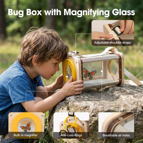 Child using Wooden Bug Catcher Kit For Kids 3 To 8 Ten Piece Durable Outdoor Explorer Set with magnifying glass in nature