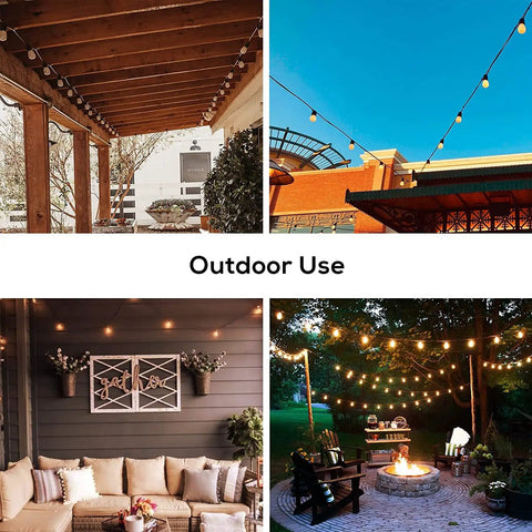 51Ft Outdoor Shatterproof LED String Lights With 18 Dimmable Bulbs, showcasing use in various outdoor settings like patios and gardens