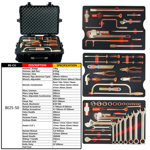 50 Piece Non Sparking Tool Set Go To Pro Grade with case, hammers, wrenches, pliers, screwdrivers, chisel, beryllium copper