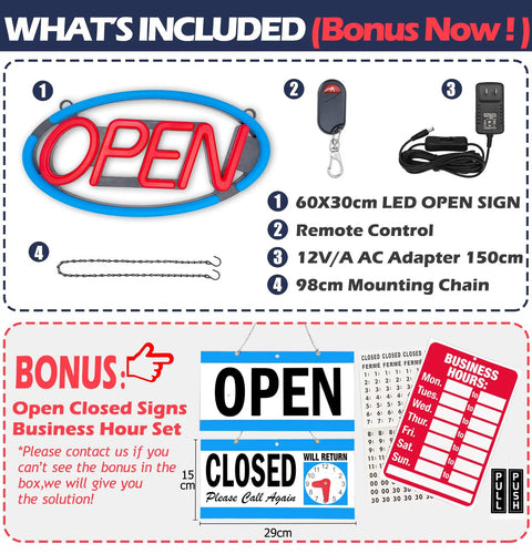 LED Open Sign For Business With Remote Control, Bright 24x12 Inch Window Sign For Restaurants Bars Retail Shops Salons And Storefronts, Blue And Red LED Neon Look, 12V Power Supply; components and bonus included.
