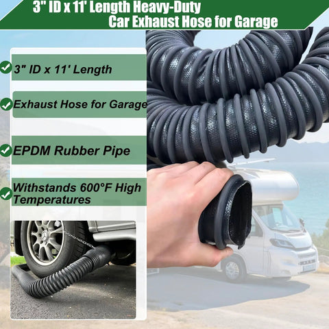 3-Inch Inner Diameter 11-Foot Heavy Duty Car Exhaust Hose With Two Clamps For Garage Or Auto Shop EPDM Rubber 600F Heat Resistant
