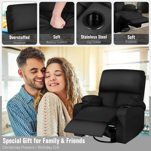 Rocking Recliner Chair With Massage And Heat, 360 Degree Swivel Faux Leather Lounge Chair beside couple in living room