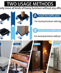 Heavy Duty Carbon Steel Furniture Dolly With 3000 Lb Capacity shown in two usage methods to move sofas, pianos, and refrigerators.
