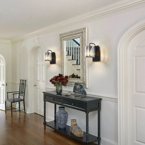 Black Crystal Wall Sconce Light Sleek Modern Indoor Wall Lighting For Living Room Hallway Bedroom Bathroom Stairway 10 Inch Single Sconce With Crystal Sparkle And Sturdy Metal Base mounted on hallway wall.
