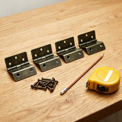 270 Degree Three Fold Half Surface Hinges Set with screws, pencil, and tape measure on wooden surface, bronze finish