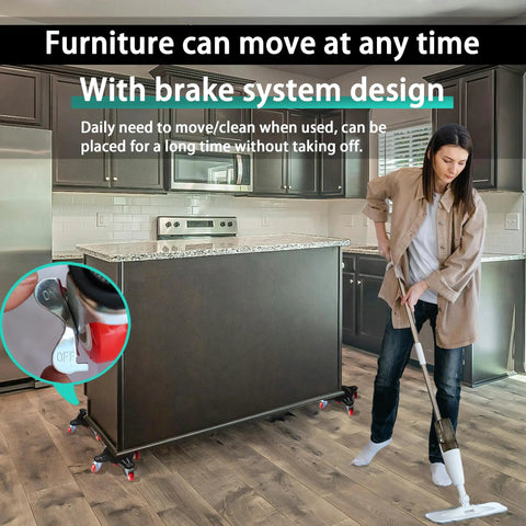 Heavy Duty 5 Wheel Furniture Dolly With Brakes, 2200 Lbs Load Capacity, moving kitchen island with brake system in use