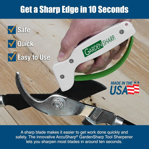 Hand using Garden Tool Sharpener With Diamond Honed Tungsten Carbide Blades Keeps Lawnmower Blades Razor Sharp In Just A Few Easy Strokes For Peak Performance That Keeps Tools Ready For Any Job on garden shears.