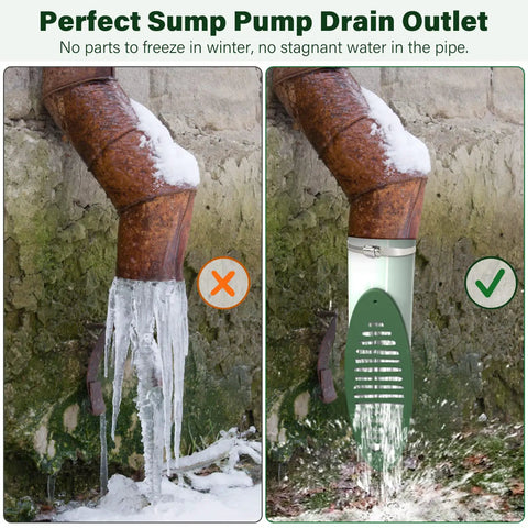 Comparison of a rusted downspout with ice and one using Green 4 Inch Angled Yard Drain Grate For Sump Pump Discharge And Downspout Extensions