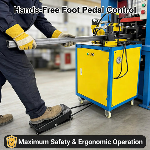 Professional Grade Heavy Duty 3 In 1 Hydraulic Iron Worker with foot pedal control and metal rod handling in workshop.