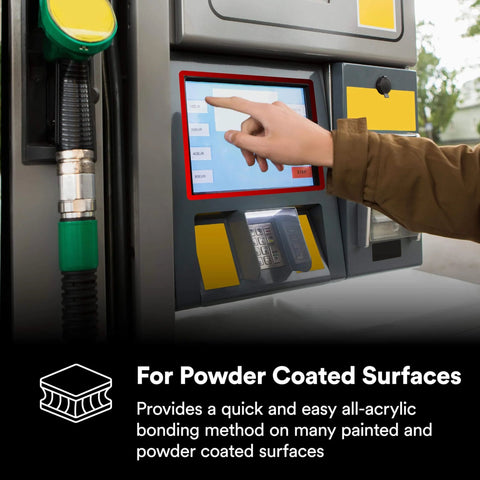 Person using touchscreen on a powder-coated gas pump interface, highlighting suitable use for powder-coated surfaces.