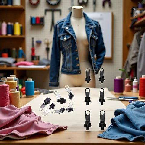 GoTo 12-Piece Black Zipper Puller Repair Kit With Detachable Sliders on a table with a denim jacket in a sewing room background