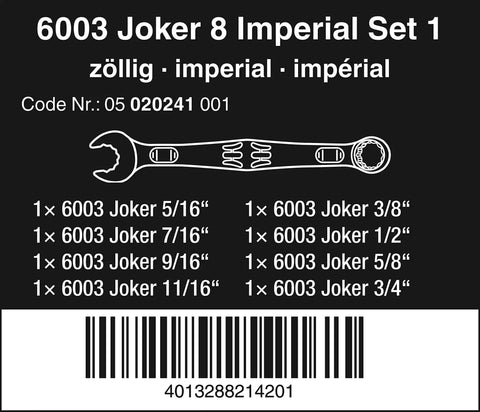 Joker 8 Imperial Set 8 Piece SAE Combination Wrench Set With Slim Mouth For Tight Spots Low Return Angle And Narrow Jaw Geometry