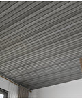 Peel And Stick Wood Panel Wallpaper For Ceiling And Walls, Self Adhesive PVC Vinyl Sticker That Is Waterproof And Stain Resistant, view of grey wood textured ceiling.