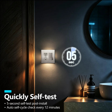 Brushed Nickel GFCI Outlet With Integrated LED Night Light Tamper Proof Receptacle, self-testing feature visible on wall.