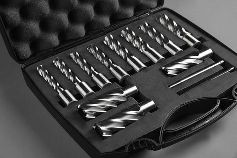 Annular cutter set, 13 pcs, HSS Weldon shank, diameters 7/16-1-1/16 in, 2 cutting depths, includes 2 pilot pins, in case