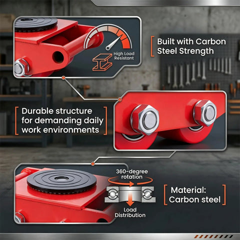 Beefy 8 Ton Industrial Machinery Mover with 360 Degree Rotating PU Rollers, Carbon Steel Structure and Features