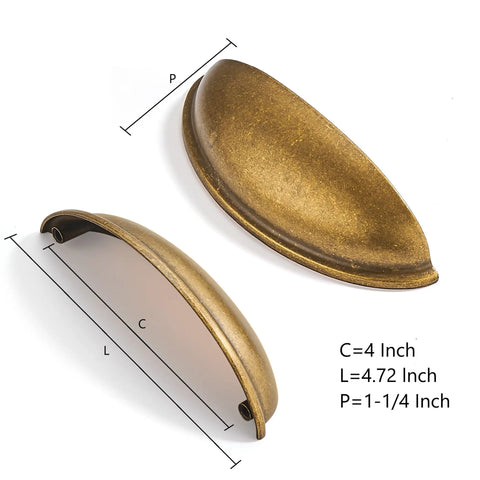 Top Shelf Antique Brass Cup Pulls For Kitchen Drawers 2 Pack Built Like A Tank Zinc Alloy Cabinet Handles 4 Inch Center To Center, side view showing dimensions.