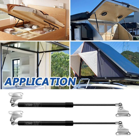 Various applications of Two Pack 15 Inch Gas Struts Lift Supports 67 Lb 300 N for beds, windows, and enclosures