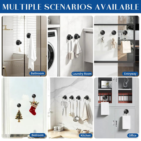 Total Game Changer For Your Washroom Matte Black 6 Pack Suction Hooks With Heavy Duty Grip used in multiple settings like bathroom, kitchen, and office.
