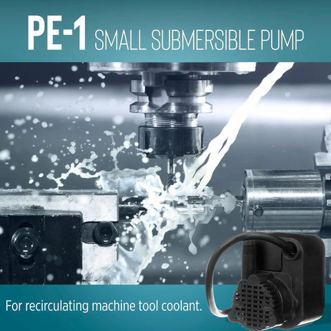 Compact Submersible Pump Epoxy Encapsulated Direct Drive 115 Volt 0.008 HP 170 GPH shown with machine tool coolant